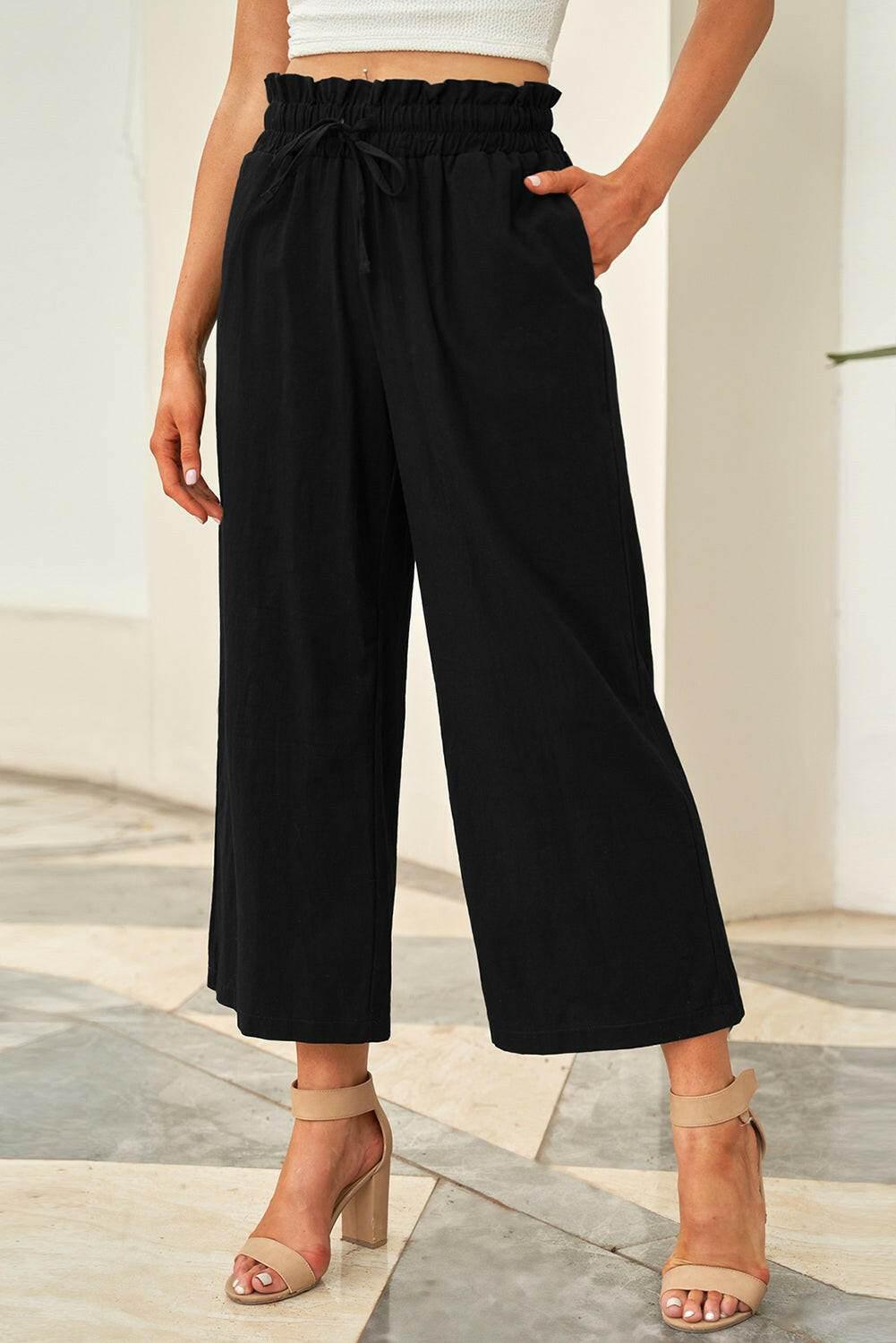 Drawstring Paperbag Waist Wide Leg Pants - StyleLure