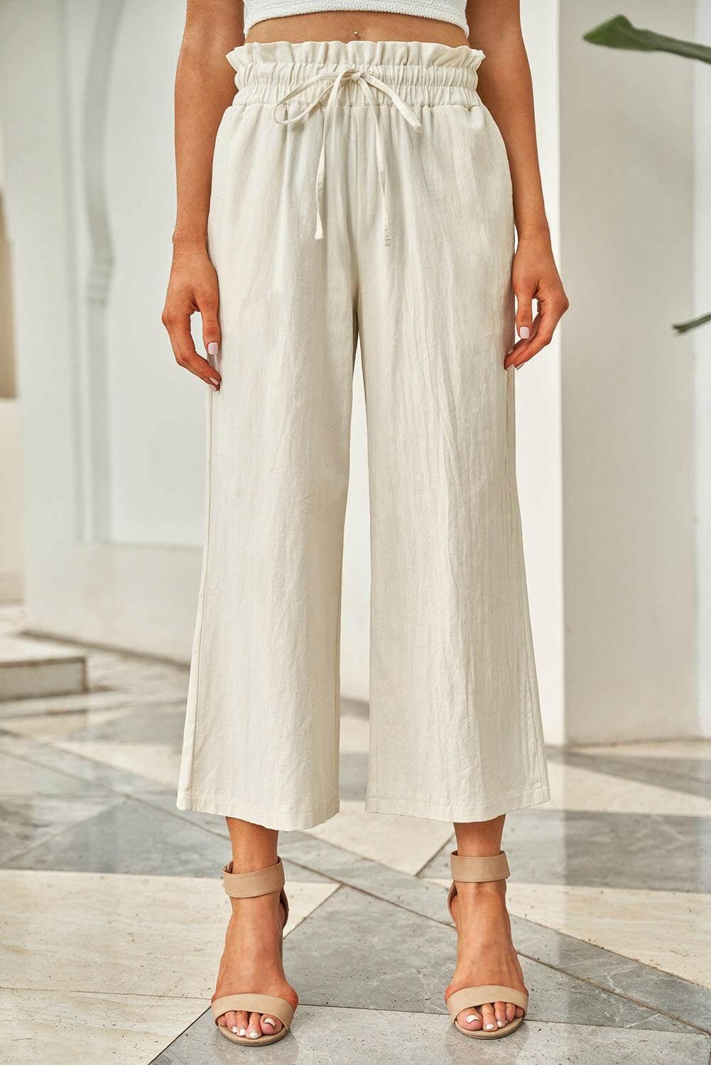 Drawstring Paperbag Waist Wide Leg Pants - StyleLure