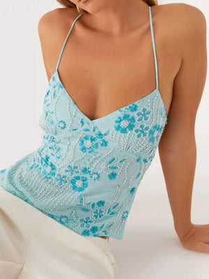 Embroidered Sequin Tie Back Cami - StyleLure
