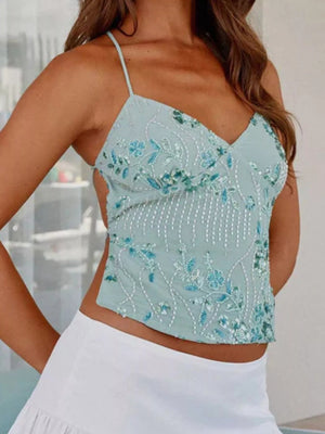 Embroidered Sequin Tie Back Cami - StyleLure
