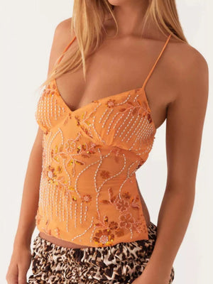 Embroidered Sequin Tie Back Cami - StyleLure