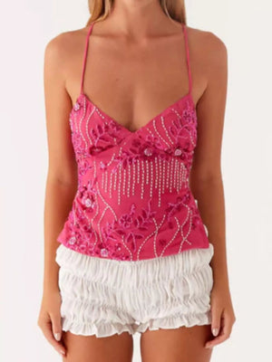 Embroidered Sequin Tie Back Cami - StyleLure