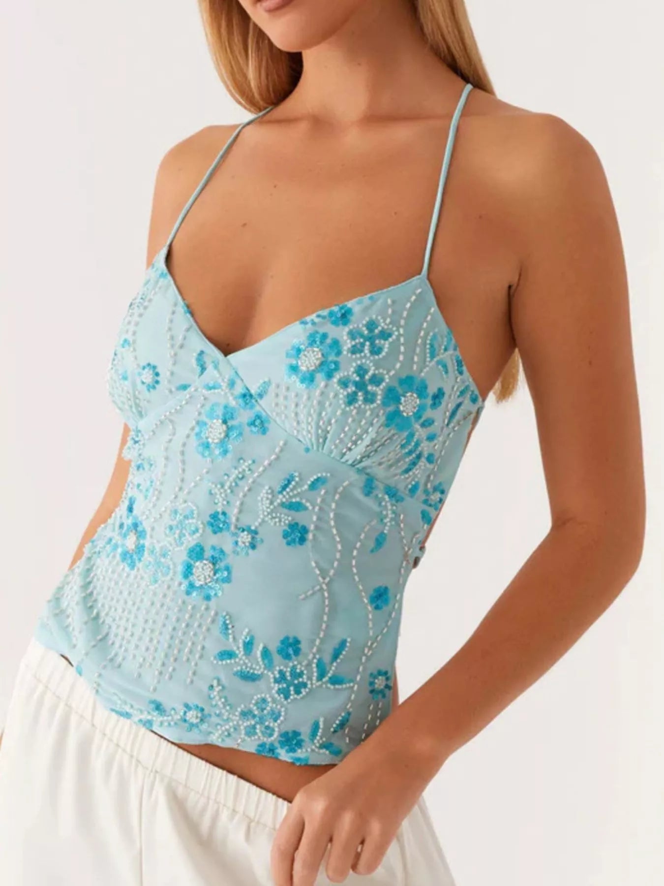 Embroidered Sequin Tie Back Cami - StyleLure