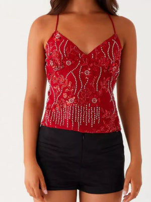 Embroidered Sequin Tie Back Cami - StyleLure