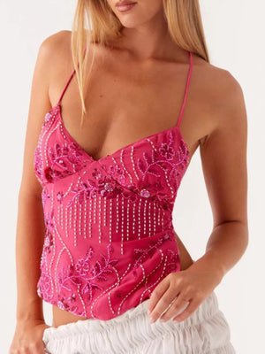 Embroidered Sequin Tie Back Cami - StyleLure