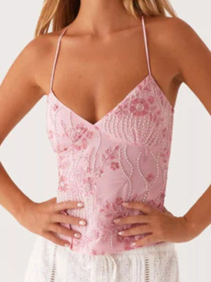 Embroidered Sequin Tie Back Cami - StyleLure
