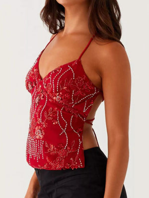 Embroidered Sequin Tie Back Cami - StyleLure