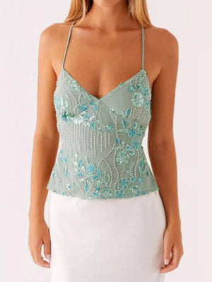 Embroidered Sequin Tie Back Cami - StyleLure