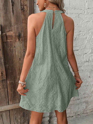 Eyelet Grecian Neck Mini Dress - StyleLure