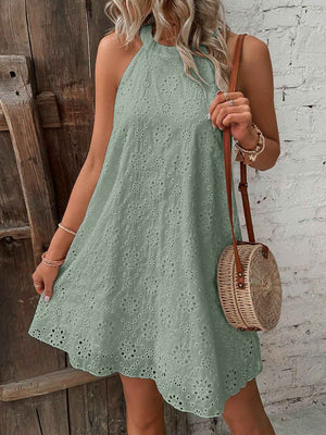 Eyelet Grecian Neck Mini Dress - StyleLure