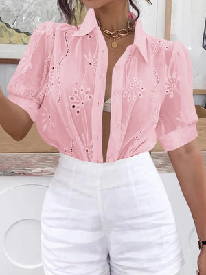 Eyelet Puff Sleeve Button - Up Shirt - StyleLure