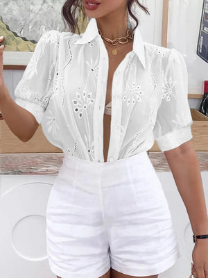 Eyelet Puff Sleeve Button - Up Shirt - StyleLure
