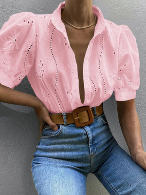 Eyelet Puff Sleeve Button - Up Shirt - StyleLure