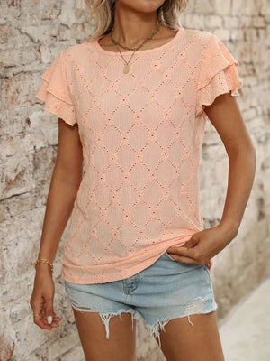 Eyelet Round Neck Double Layered Ruffled Short Sleeve Top - StyleLure