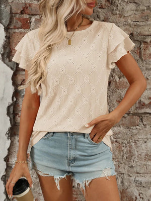 Eyelet Round Neck Double Layered Ruffled Short Sleeve Top - StyleLure