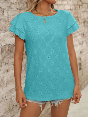 Eyelet Round Neck Double Layered Ruffled Short Sleeve Top - StyleLure