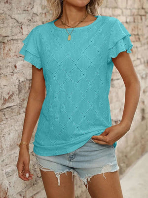 Eyelet Round Neck Double Layered Ruffled Short Sleeve Top - StyleLure