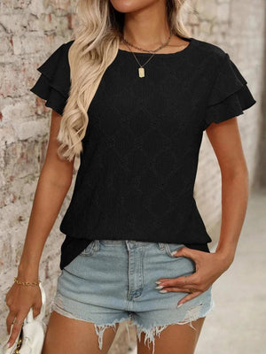 Eyelet Round Neck Double Layered Ruffled Short Sleeve Top - StyleLure