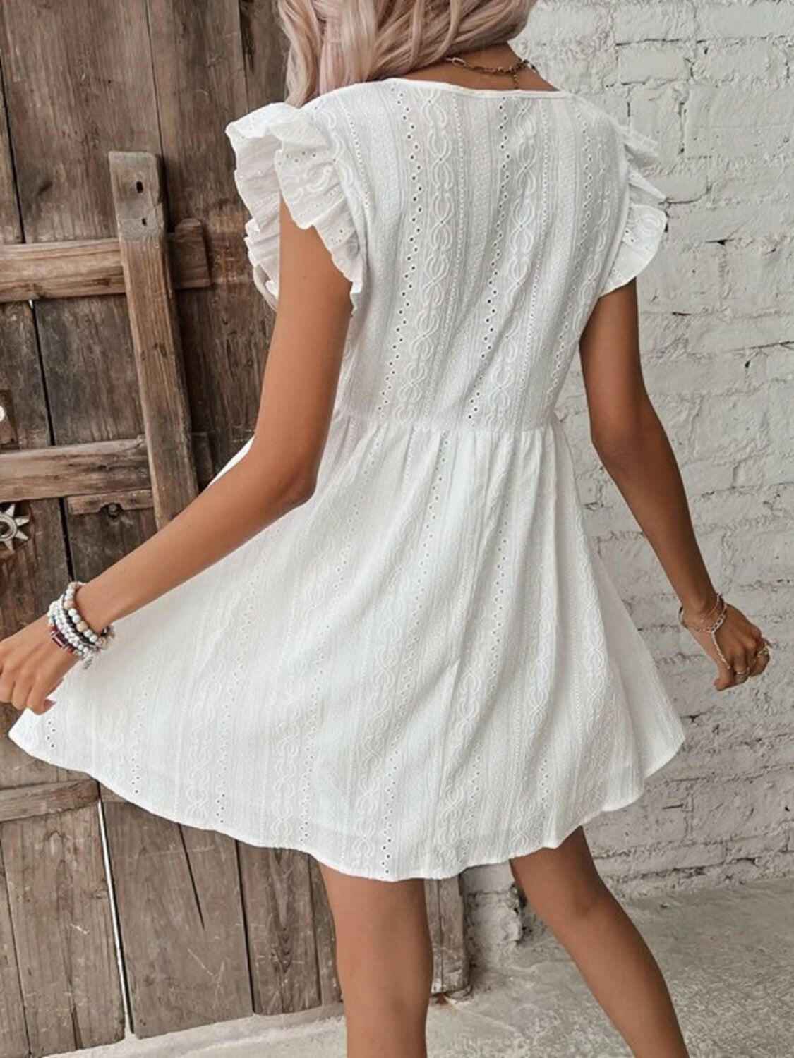 Eyelet Ruffled Cap Sleeve Mini Dress - StyleLure