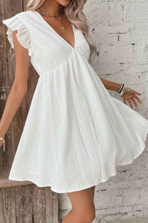 Eyelet Ruffled Cap Sleeve Mini Dress - StyleLure