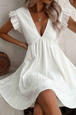 Eyelet Ruffled Cap Sleeve Mini Dress - StyleLure