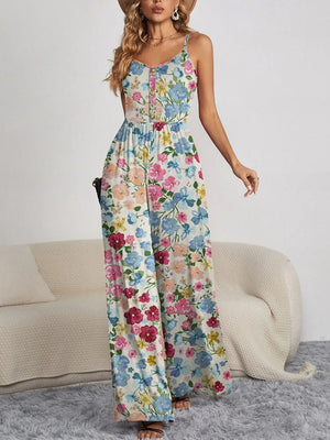 FAM - FAM Decorative Button Spaghetti Strap Wide Leg Jumpsuit - StyleLure