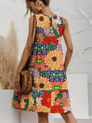 FAM - FAM Tiered Printed Round Neck Sleeveless Dress - StyleLure