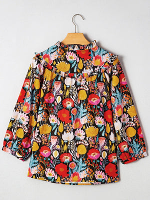 Floral 3/4 Puff Sleeve Tied Neck Blouse - StyleLure