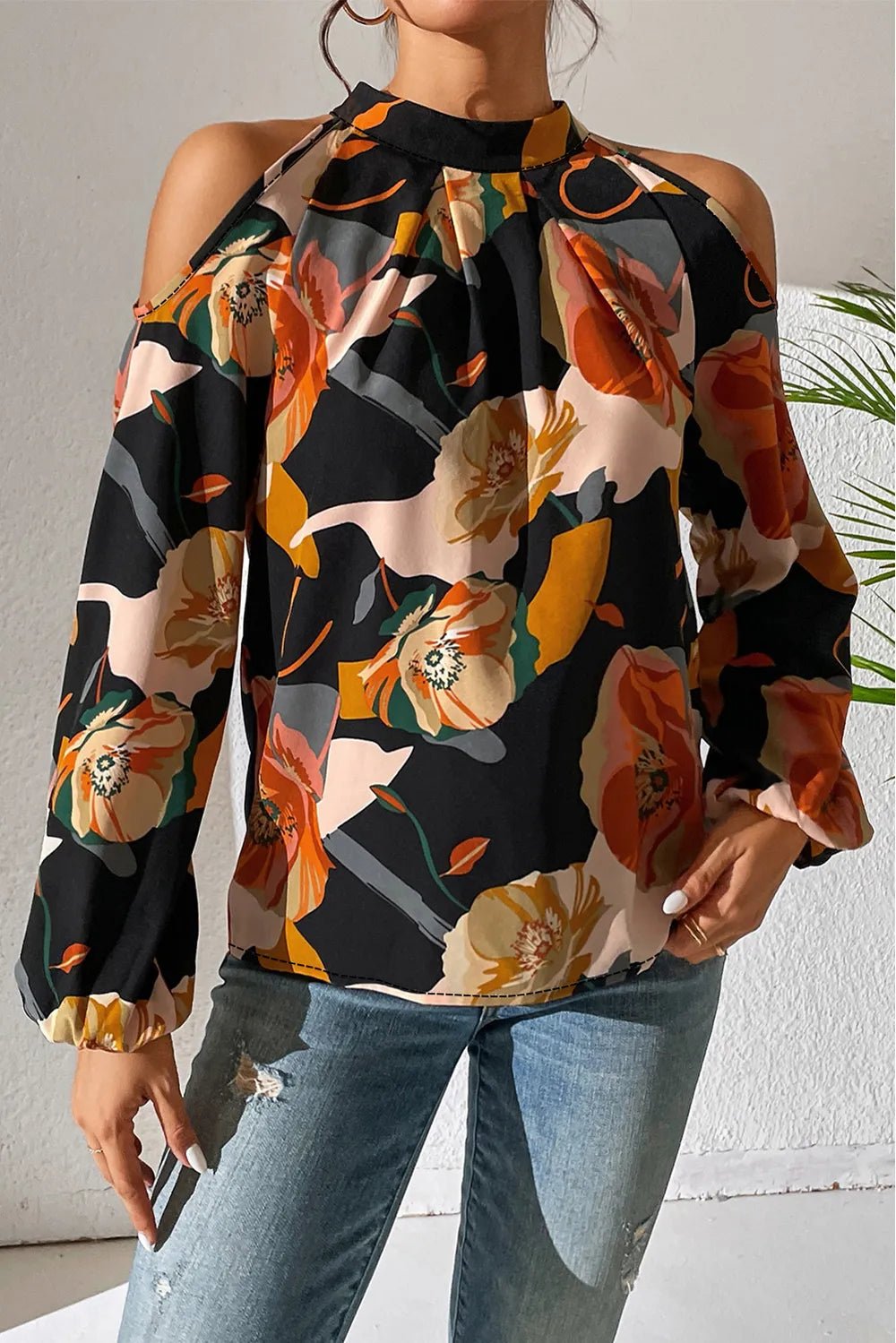Floral Cold Shoulder Balloon Sleeve Blouse - StyleLure