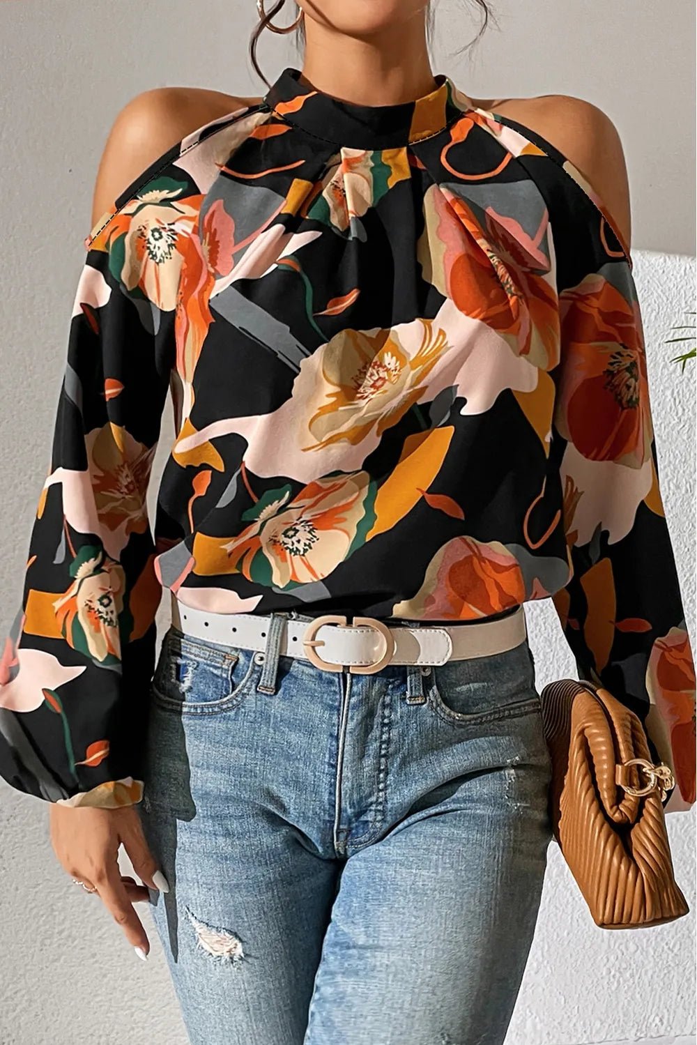 Floral Cold Shoulder Balloon Sleeve Blouse - StyleLure