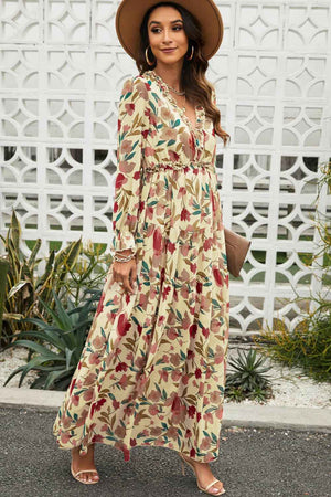 Floral Frill Trim Flounce Sleeve Plunge Maxi Dress - StyleLure