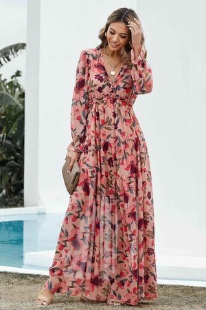 Floral Frill Trim Flounce Sleeve Plunge Maxi Dress - StyleLure