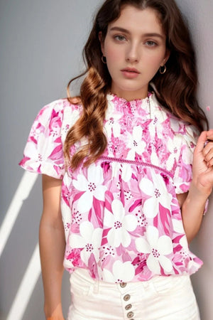 Floral Frilled Collar Short Sleeve Blouse Top - StyleLure