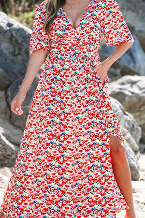 Floral Half Sleeve Deep V Neck Cutout Back Maxi Dress - StyleLure