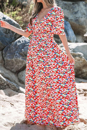 Floral Half Sleeve Deep V Neck Cutout Back Maxi Dress - StyleLure