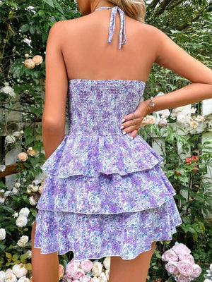 Floral Halter Cutout Ruffled Mini Dress - StyleLure