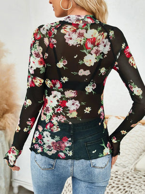 Floral Mock Neck Long Sleeve Top - StyleLure