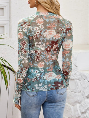 Floral Mock Neck Long Sleeve Top - StyleLure