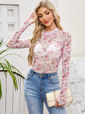 Floral Mock Neck Long Sleeve Top - StyleLure