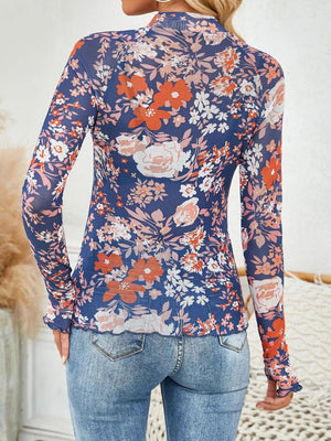 Floral Mock Neck Long Sleeve Top - StyleLure