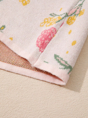 Floral Pattern Striped V Neck Loose Sweater - StyleLure