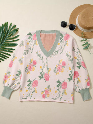 Floral Pattern Striped V Neck Loose Sweater - StyleLure