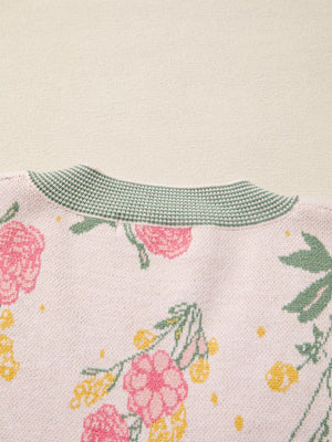 Floral Pattern Striped V Neck Loose Sweater - StyleLure