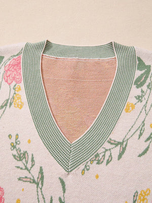 Floral Pattern Striped V Neck Loose Sweater - StyleLure