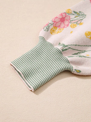 Floral Pattern Striped V Neck Loose Sweater - StyleLure