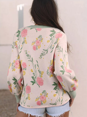 Floral Pattern Striped V Neck Loose Sweater - StyleLure