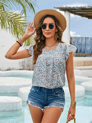 Floral Print Flutter Sleeve Crochet Trim Blouse - StyleLure