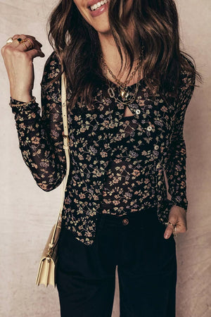 Floral Print Mesh Tank Button Front Slim Cardigan 2pcs Set - StyleLure