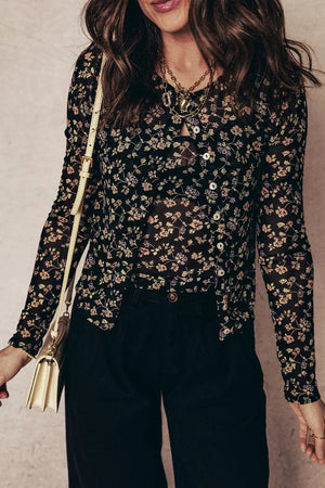 Floral Print Mesh Tank Button Front Slim Cardigan 2pcs Set - StyleLure