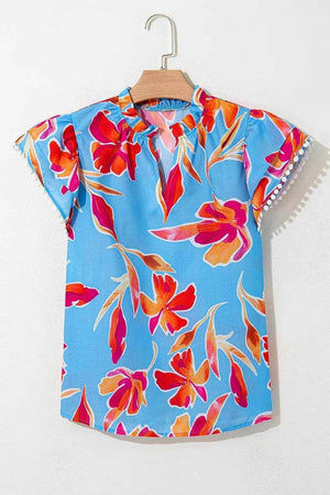 Floral Print Notched Pompom Trim Flutter Sleeve Blouse - StyleLure